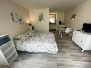 a bedroom with a bed and a dresser and a desk at Les Chalets de SAUMUR, Piscine & Parc boisé, 100m du CadreNoir in Saumur