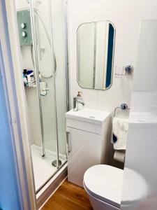 e bagno con doccia, servizi igienici e lavandino. di Modern cosy room with private bathroom a Harrow