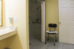 a bathroom with a shower and a chair in it at Rodeway Inn Medford in Medford