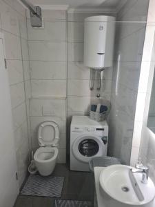 La petite salle de bains est pourvue de toilettes et d'un lavabo. dans l'établissement Apartman Valentina, à Trebinje
