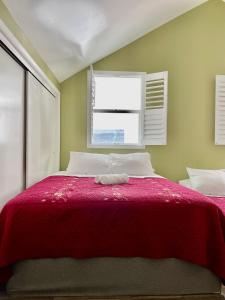 a bedroom with a large red bed with a window at Private Large LA Bedroom w Private Bathroom - TV - AC - WIFI - Private Fridge near USC - Exposition Park - USC Memorial Coliseum - Banc of California BMO Stadium - Downtown Los Angeles DTLA - University of Southern California USC!! in Los Angeles