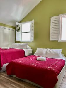 two beds in a room with green walls and windows at Private Large LA Bedroom w Private Bathroom - TV - AC - WIFI - Private Fridge near USC - Exposition Park - USC Memorial Coliseum - Banc of California BMO Stadium - Downtown Los Angeles DTLA - University of Southern California USC!! in Los Angeles
