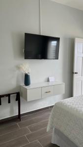 1 dormitorio con TV en la pared y cama en Tramonto Boutique Hotel en La Ceiba