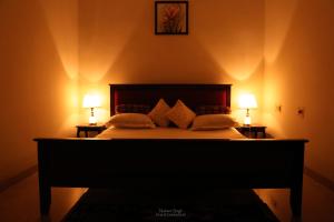 a bedroom with a bed with two lamps on both sides at Tattva Luxurious Apartment in Varanasi