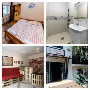 eine Collage mit Bildern eines Schlafzimmers und eines Badezimmers in der Unterkunft Csillagtúra Panzió in Eger