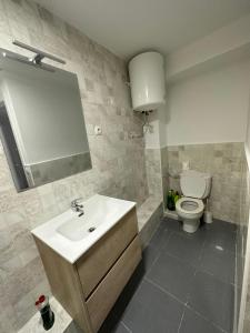a bathroom with a sink and a toilet at Alojamiento Mediavilla in Madrid