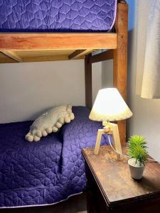a bedroom with a purple bunk bed and a table with a lamp at Departamento Centrico in Villa General Belgrano