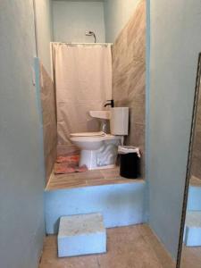 a bathroom with a toilet and a shower at Cepeda Economical 10 BR Compound in San Juan