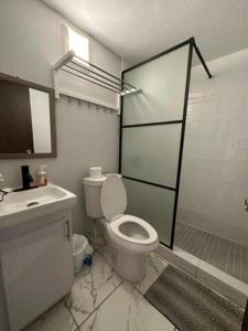 a bathroom with a toilet and a sink and a shower at Cepeda Economical 10 BR Compound in San Juan