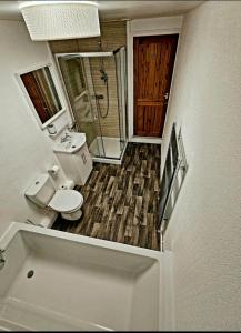 a bathroom with a toilet and a walk in shower at Comfortable 2 Bed House Near City Centre and M1 in Leicester