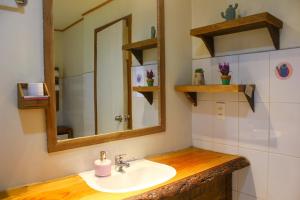 een badkamer met een wastafel en een spiegel bij Lounge Brasil Hostería Boutique in Pucón