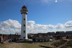 a lighthouse on a hill with a city in the background at Torenlicht - Zand I (36) in Egmond aan Zee