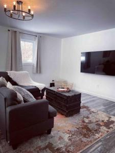 a living room with a couch and a chair and a tv at Private Cottage with Huge Private Dog Park! in Barrys Bay