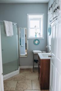 uma casa de banho com um chuveiro, um lavatório e um espelho. em Dreamers Writing Farm, 3 Wooded Acres, Hepworth em Sauble Beach