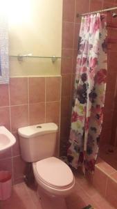 a bathroom with a toilet and a shower curtain at Spacious Home in Couva