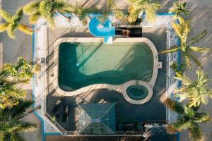 an overhead view of a swimming pool with palm trees at Billabong Lodge Motel in Townsville