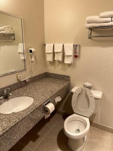 a bathroom with a toilet and a sink and a mirror at Super 8 by Wyndham Colby in Colby