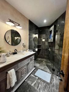 ein Badezimmer mit Waschbecken und Dusche mit Spiegel in der Unterkunft Val'quirico Auguri Zócalo I, Depto 5 Camas in Tlaxcala de Xicohténcatl