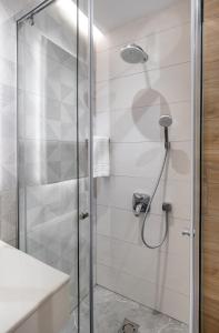 a shower with a glass door in a bathroom at City Park INN - Art Studio in Plovdiv