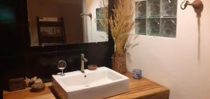 ein Badezimmer mit einem weißen Waschbecken auf einer Holztheke in der Unterkunft Tad Lo - FANDEE ISLAND - Secret Private House - Bolaven Loop Pakse in Ban Kiangtat