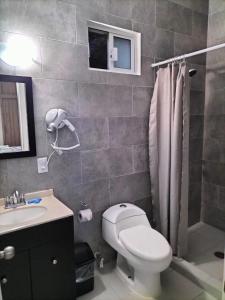 ein Bad mit einem WC, einem Waschbecken und einer Dusche in der Unterkunft Hotel La Estancia in Río Verde
