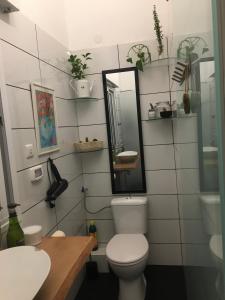 a bathroom with a toilet and a sink and a mirror at Bialik St B&B room Bauhaus district Tel Aviv in Tel Aviv