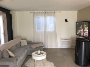 a living room with a couch and a tv at Villa Agde très calme in Agde