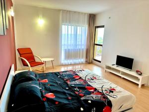 a bedroom with a bed and a television in it at Apartament Novara 2 in Craiova