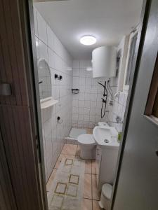 a small bathroom with a toilet and a sink at Domek Wakacyjny Patrycja 47 in Głębokie
