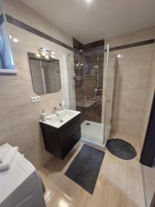 a bathroom with a shower and a sink and a toilet at Frašták apartment in Hlohovec