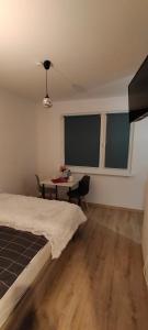 um quarto com uma cama, uma mesa e duas janelas em Apartament Sosnowiec - Kazimierz Górniczy em Sosnowiec