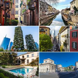 a collage of photos with buildings and a christmas tree at Bohemian House in Milan