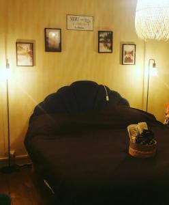 una sala de estar con sofá en una habitación con fotos en la pared en Chambres d'hôtes Chez Valérie, en Arette
