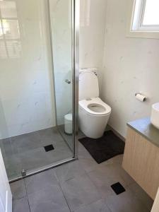 a bathroom with a toilet and a glass shower at Entire Bowral Acreage in Bowral