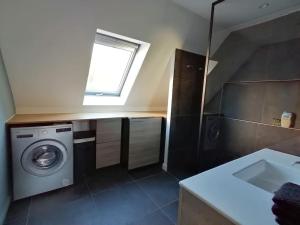 bagno con lavatrice e lavandino di Spacieux loft en duplex a Strasburgo