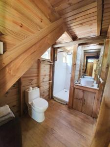 ein Bad mit einem WC und einem Waschbecken in einer Hütte in der Unterkunft Le Chalet, Eco Farm Stay in Vieux Grand Port