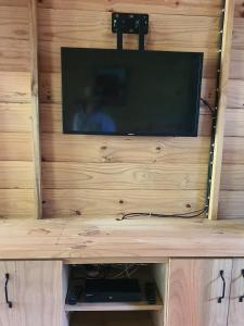 TV en la parte superior de una pared de madera en Le Chalet, Eco Farm Stay en Vieux Grand Port