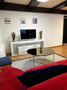 ein Wohnzimmer mit einem Flachbild-TV an einer weißen Wand in der Unterkunft Swiss Lake Mountains Apartments in Därligen