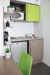 a kitchen with green cabinets and a sink at Twenty Business Flats Marseille Timone in Marseille