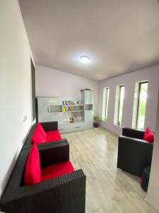 - un salon avec deux canapés et des oreillers rouges dans l'établissement Lazi-house, à Zugdidi