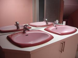 een badkamer met 2 rode wastafels en een spiegel bij L'appartement & dortoir chez Jean-Luc in Baelen