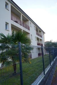 a fence in front of a building with a palm tree at Apparts Confort 87 in Limoges