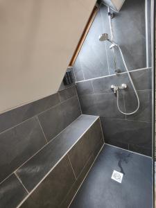 a bathroom with a shower with a scale on the floor at Appartement Le Baroque en duplex in Mulhouse