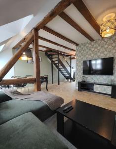 a living room with a couch and a flat screen tv at Appartement Le Baroque en duplex in Mulhouse