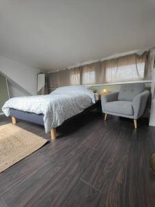 - une chambre avec un lit, un canapé et une chaise dans l'établissement Appartement Le Baroque en duplex, à Mulhouse