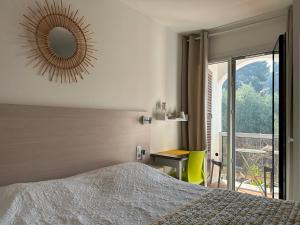 卡尔热斯Hôtel Punta e Mare des Chambres ou des Appartements T2的卧室里有一张床，墙上有一面镜子
