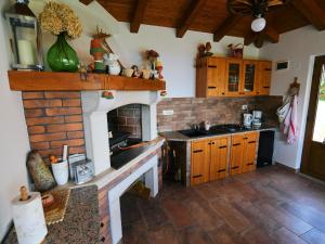 a kitchen with a stove and a brick fireplace at Holiday Home, Apartment and Rooms Milica in Mošćenička Draga