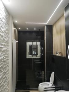a bathroom with a toilet and a black wall at LA CASA DI TIAGO in Palermo