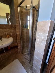 ein Bad mit einer Dusche und einem Waschbecken in der Unterkunft Podere San Luigi - Pet Friendly in Volterra