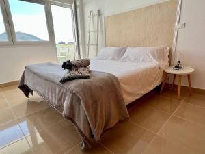 a bedroom with a large bed with a table and windows at Apartamento Mogro in Miengo